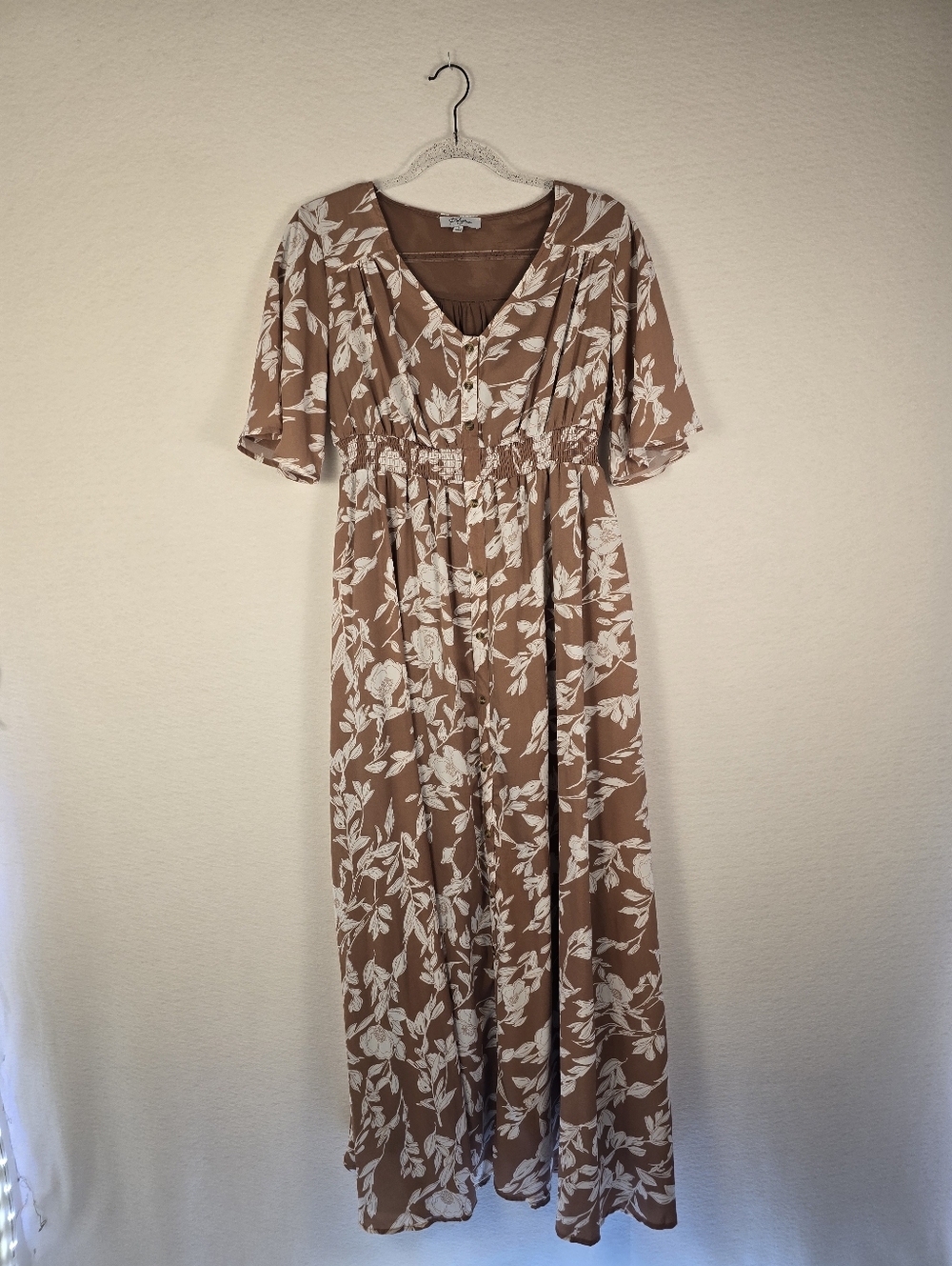 POLAGRAM Brown White Floral S Sleeve Cottage Polyester Maxi Dress. Ladies Small - Picture 2 of 10